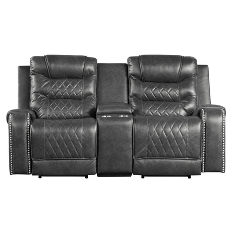 Putnam Gray Power Double Reclining Loveseat with Center Console, front view