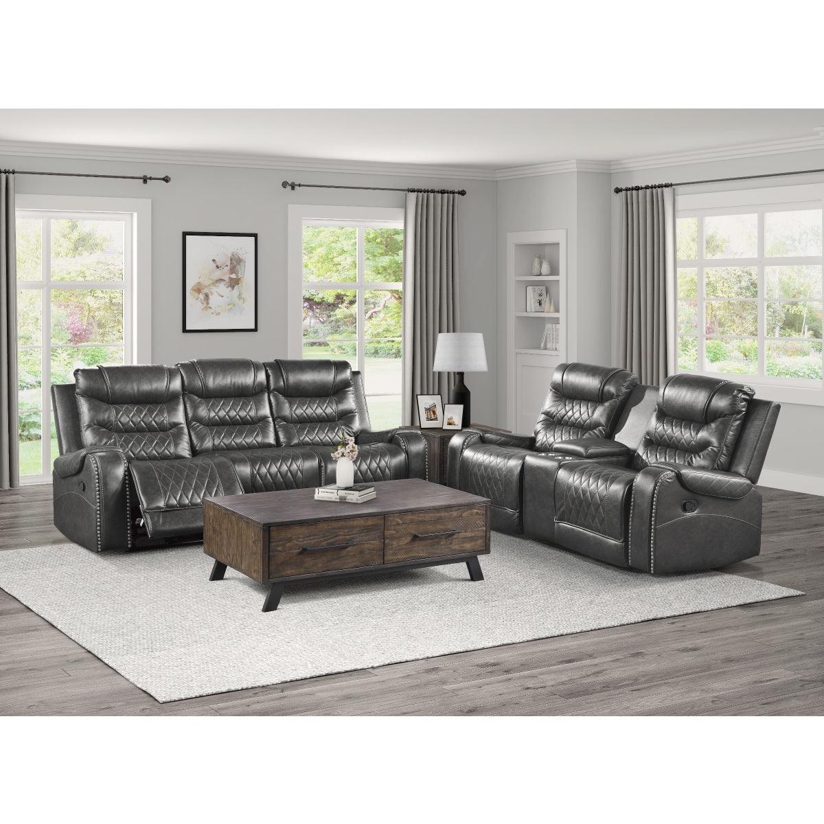 Putnam Gray Double Reclining Sofa angled view showing full sofa