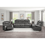 Rear view of Putnam Gray Double Reclining Sofa showing removable seat backs