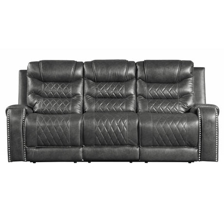 Putnam Gray Double Reclining Sofa front view with center console