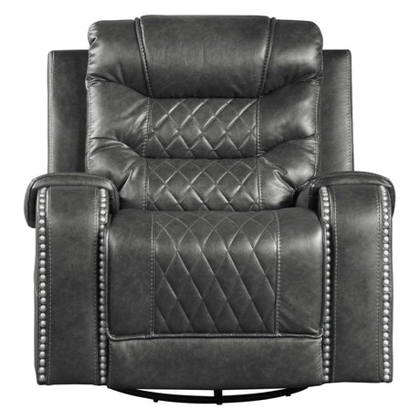 Putnam Gray Swivel Glider Recliner front view showing polished microfiber upholstery