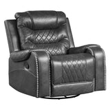Side angle of Putnam Gray swivel glider reclining chair with nailhead trim