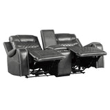Putnam Gray Power Double Reclining Loveseat reclining positions shown