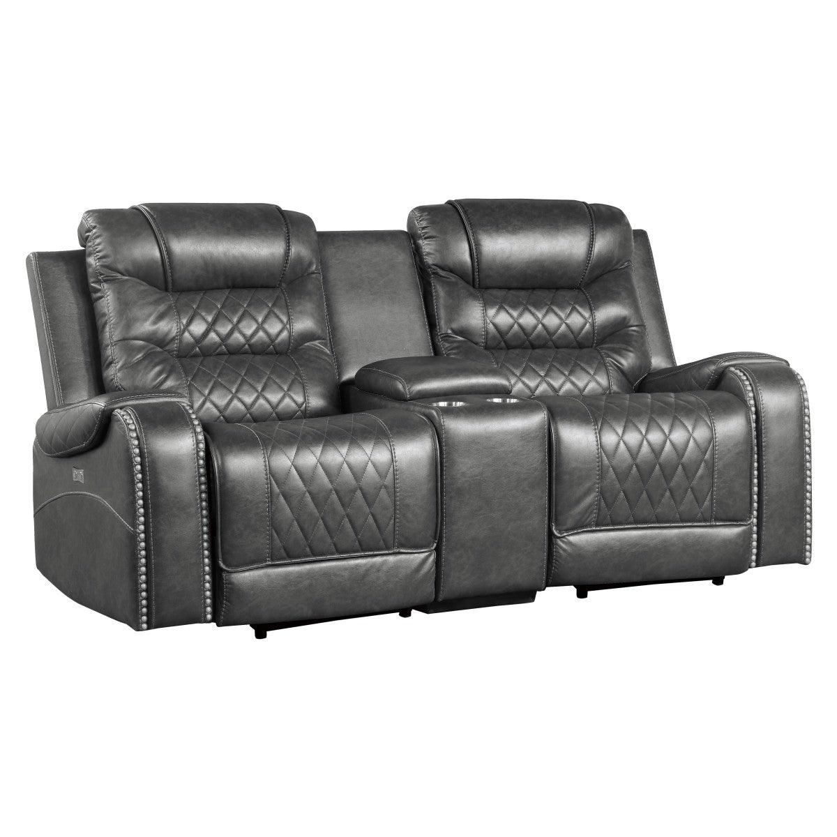 Putnam Gray Power Double Reclining Loveseat with Center Console, side angle