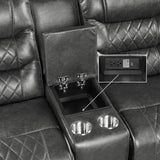 Close-up of nailhead trim on arm of Putnam Gray Reclining Loveseat