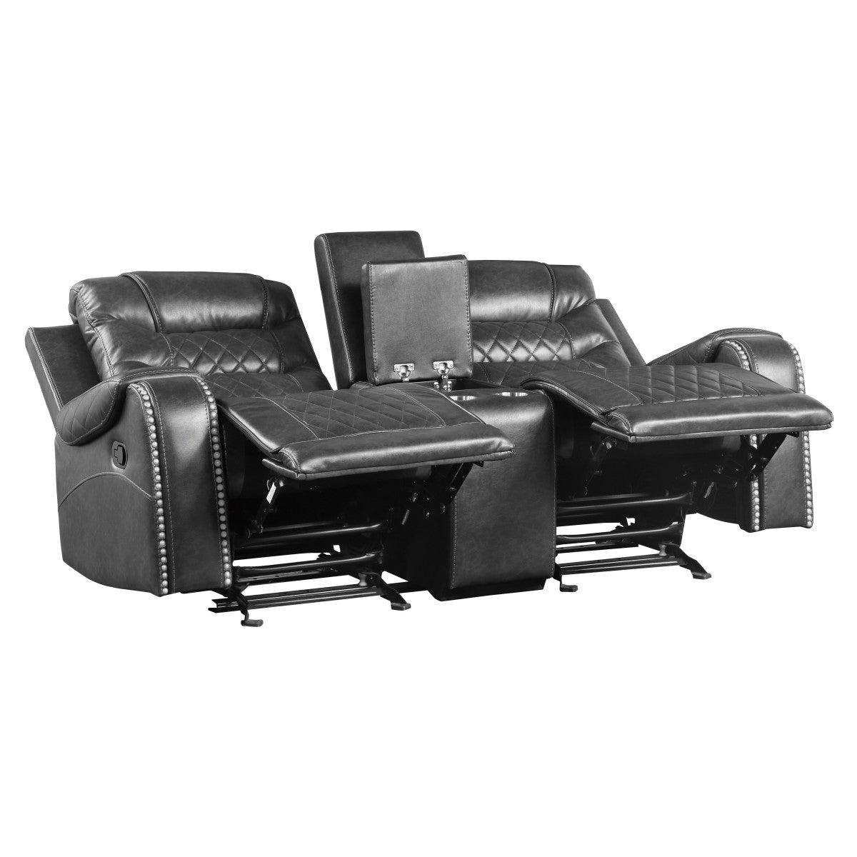 Open center console with cup holders and charging ports on gray double glider loveseat