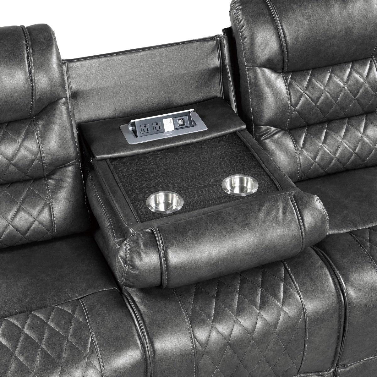 Center drop-down table with cup holders and charging ports
