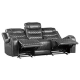 Putnam Gray Double Reclining Sofa with center console open showing cup holders