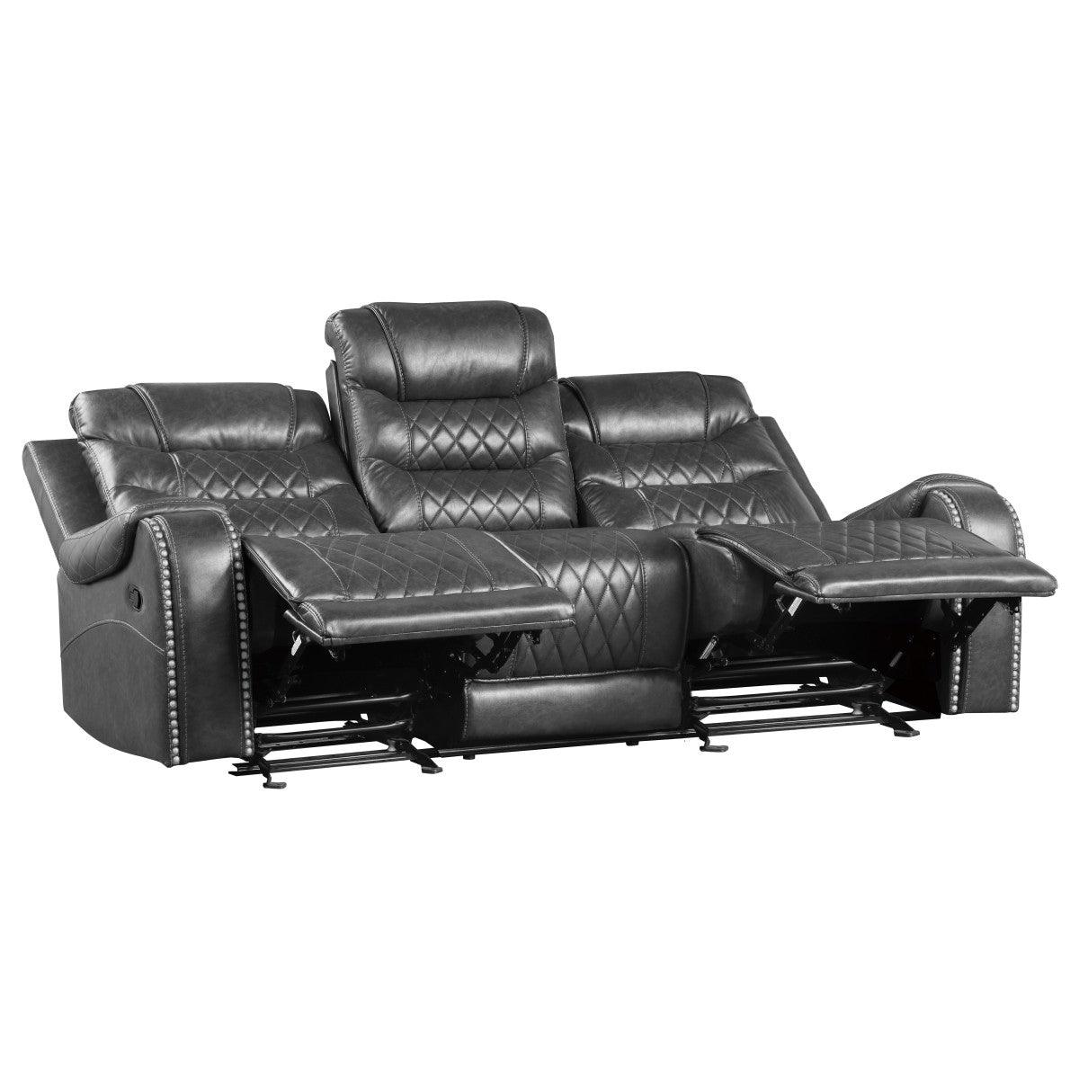 Putnam Gray Double Reclining Sofa with center console open showing cup holders