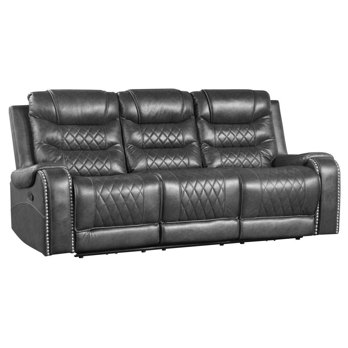 Side angle of Putnam Gray Double Reclining Sofa showing reclining seat