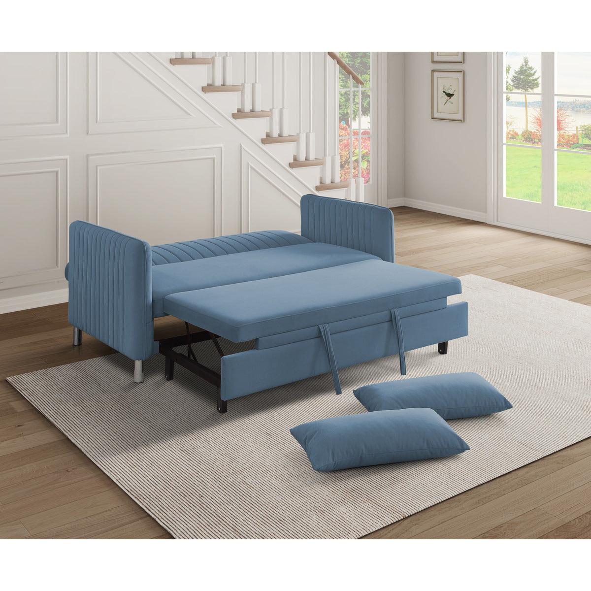 Greenway Blue Velvet Convertible Studio Sofa with Pull-Out Bed pull-out bed open side view