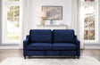 Bedroom view of Adelia navy velvet convertible sofa closed
