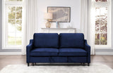 Bedroom view of Adelia navy velvet convertible sofa closed