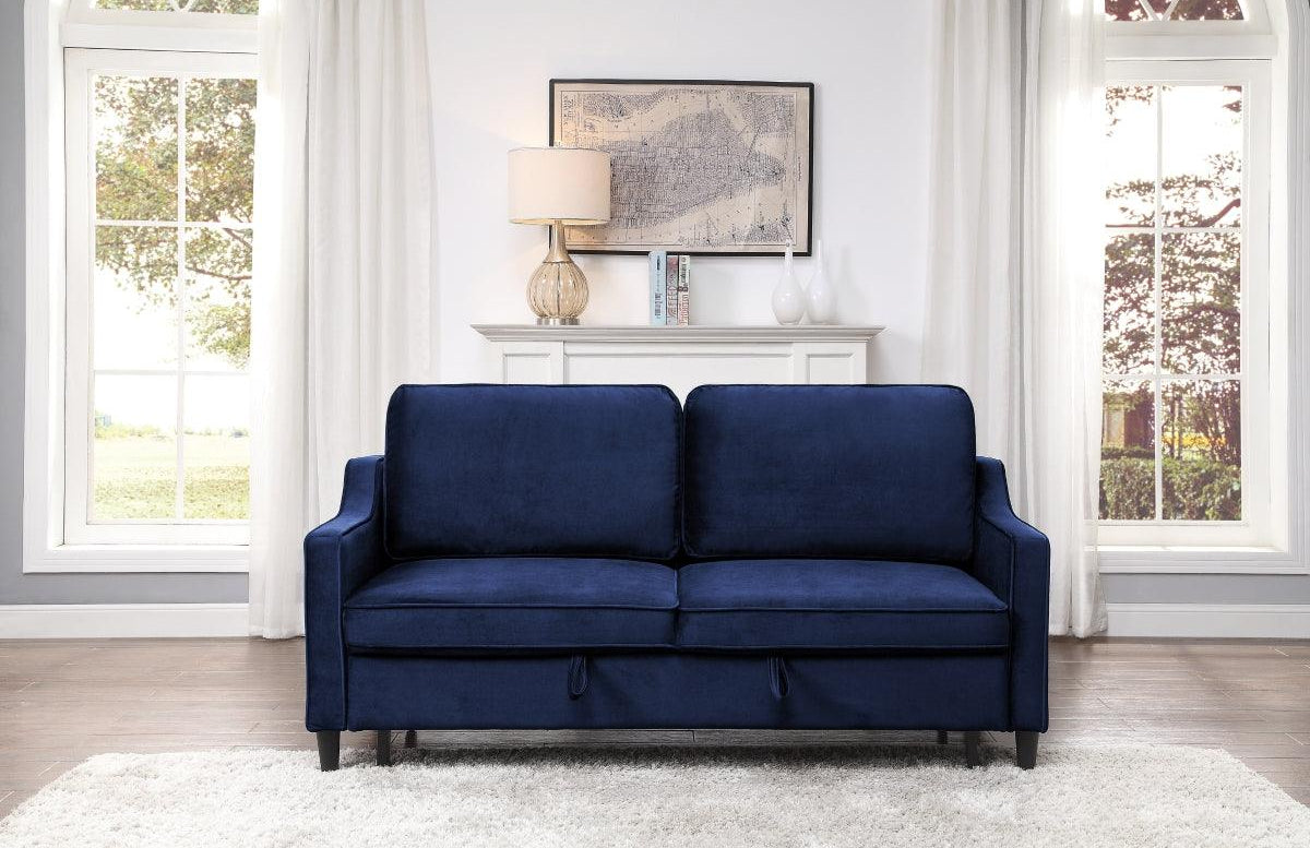 Bedroom view of Adelia navy velvet convertible sofa closed