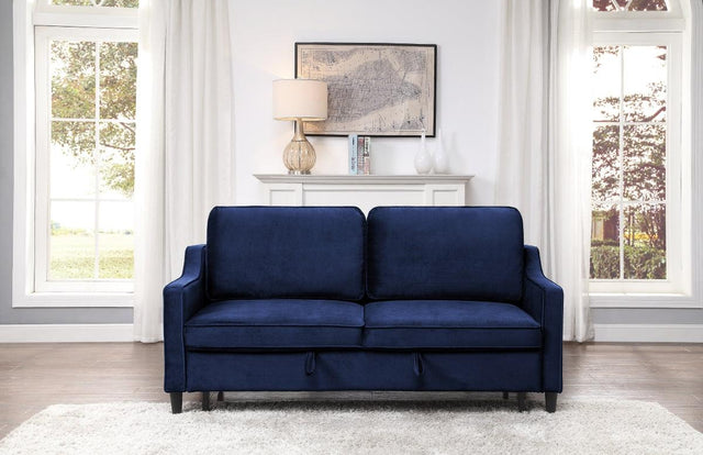 Bedroom view of Adelia navy velvet convertible sofa closed