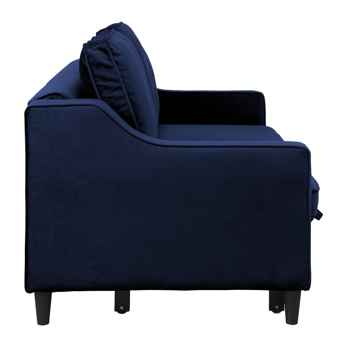 Close-up of navy velvet upholstery and cushions on Adelia sofa
