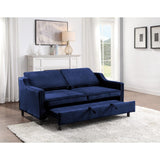 Opened pull-out bed on Adelia navy velvet sofa showing spacious sleeping area