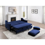 Side view of opened Adelia navy velvet convertible sofa with pull-out bed
