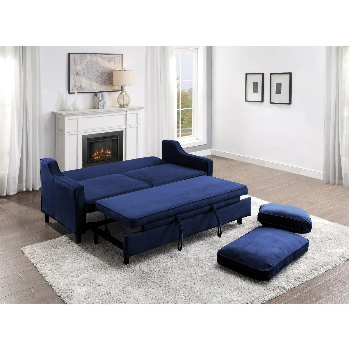 Side view of opened Adelia navy velvet convertible sofa with pull-out bed