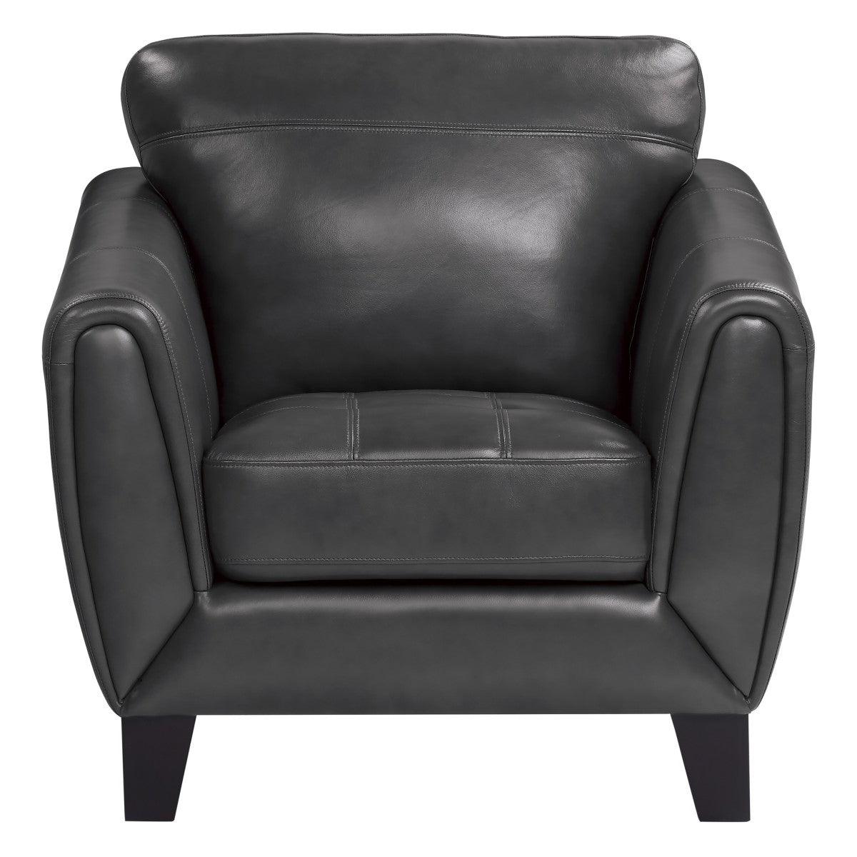 Spivey chair front angle showing dark gray top grain leather upholstery