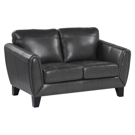 Spivey Dark Gray love seat side view showing arm detail