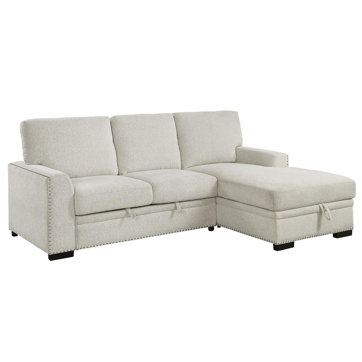 Side view of Morelia Beige Fabric 2-Piece Sectional Sofa with Pull-Out Bed and Right Chaise
