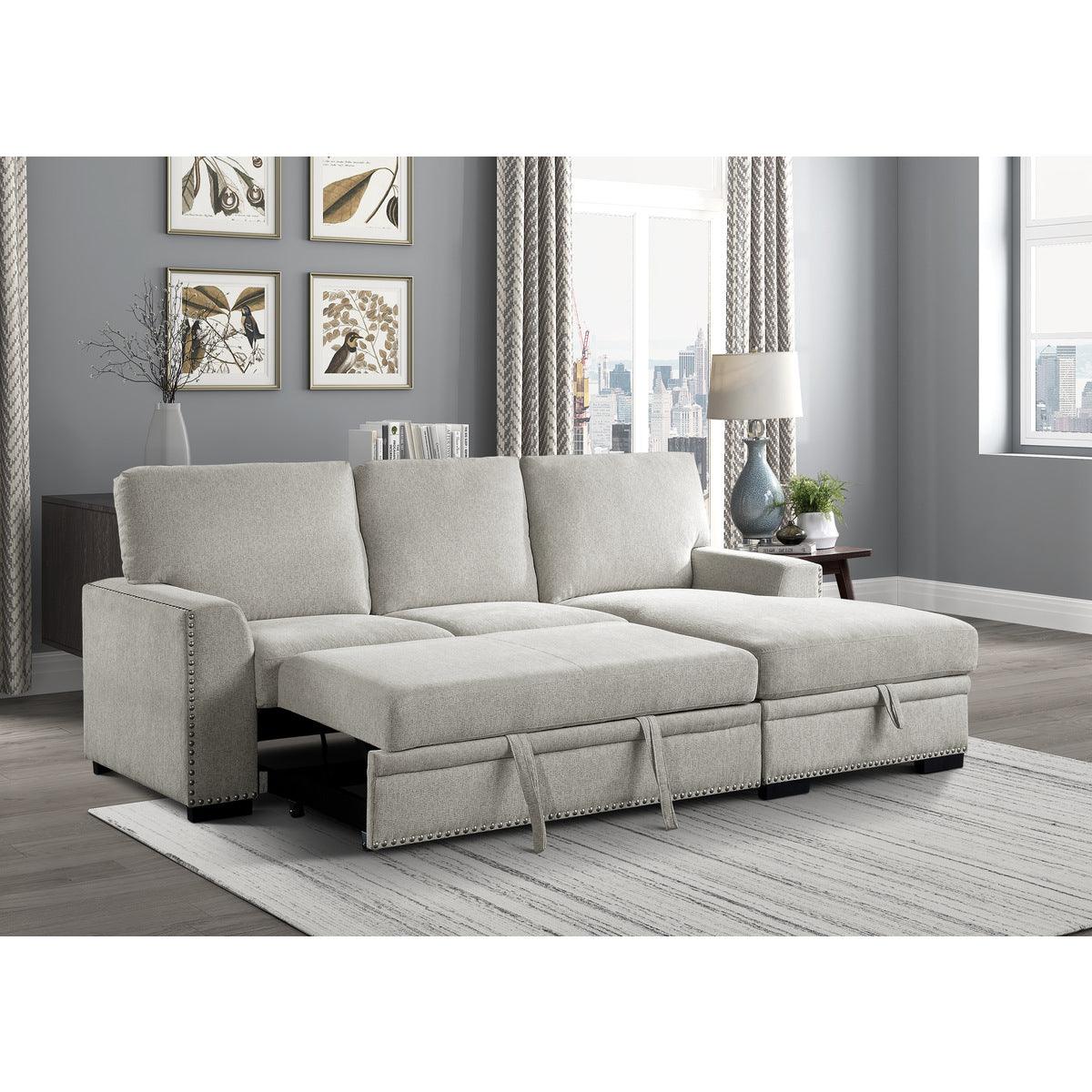 Room view showing sectional with chaise and bed open