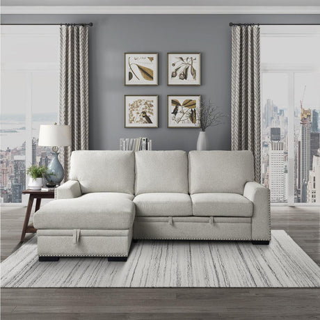 Close-up of hidden storage in left chaise of sectional
