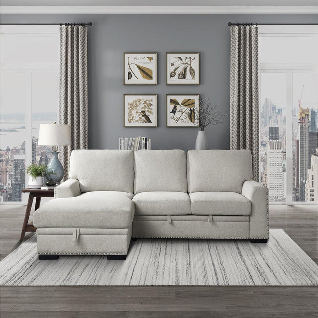 Close-up of hidden storage in left chaise of sectional