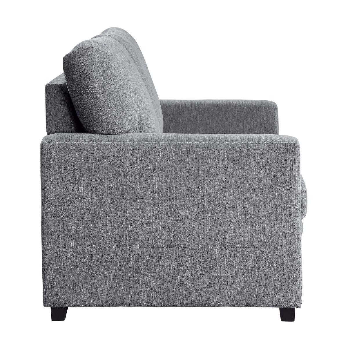 Angled side view of Morelia Gray chenille fabric loveseat
