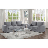 Morelia Gray chenille fabric loveseat showing nailhead trim detail