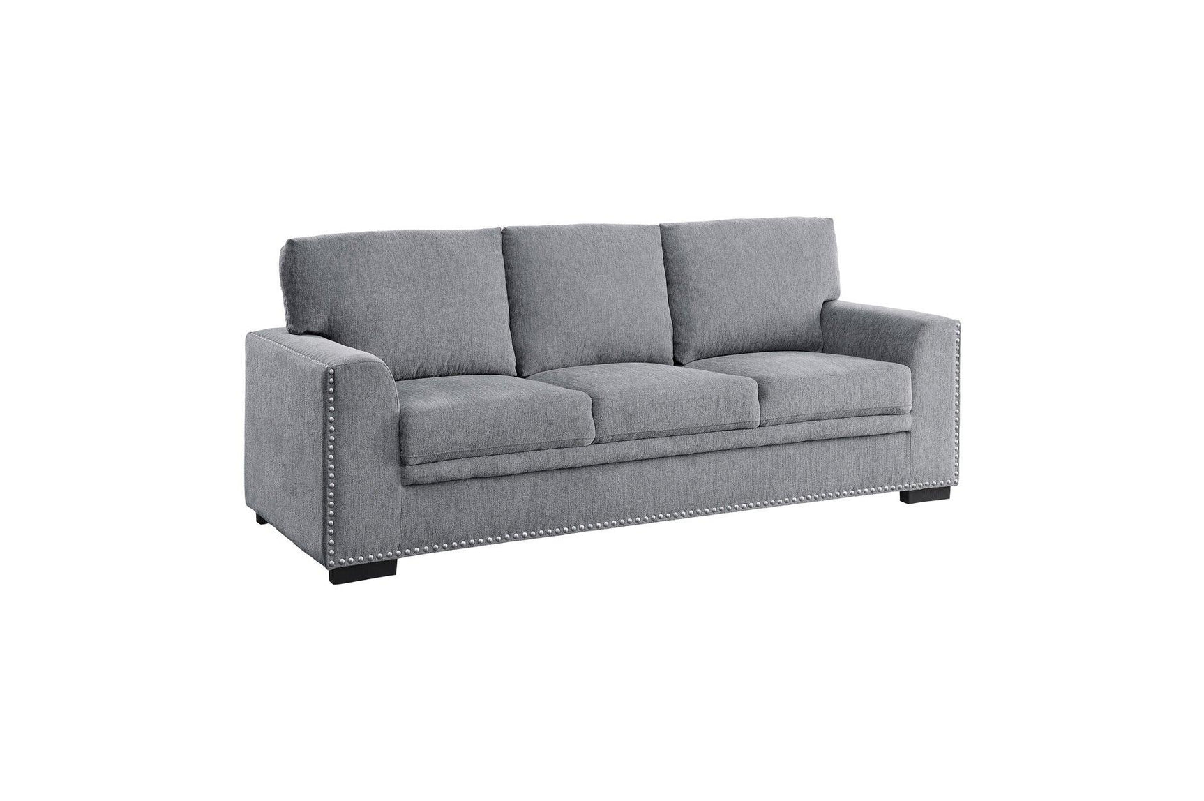 Side detail view of Morelia dark gray fabric sofa
