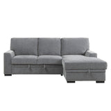 Front view of Morelia gray fabric 2-piece sectional with right chaise and pull-out bed