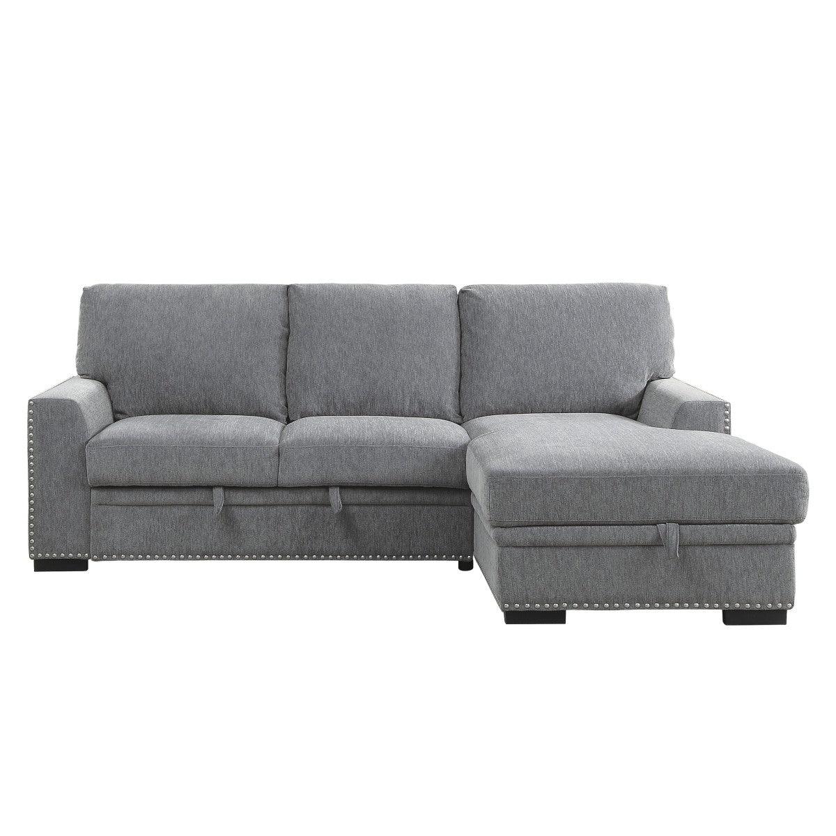 Front view of Morelia gray fabric 2-piece sectional with right chaise and pull-out bed