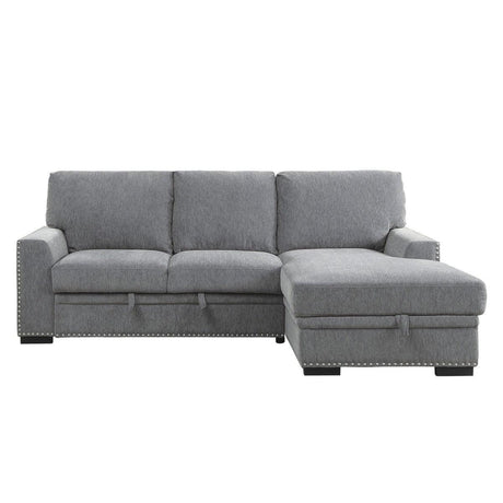 Front view of Morelia gray fabric 2-piece sectional with right chaise and pull-out bed