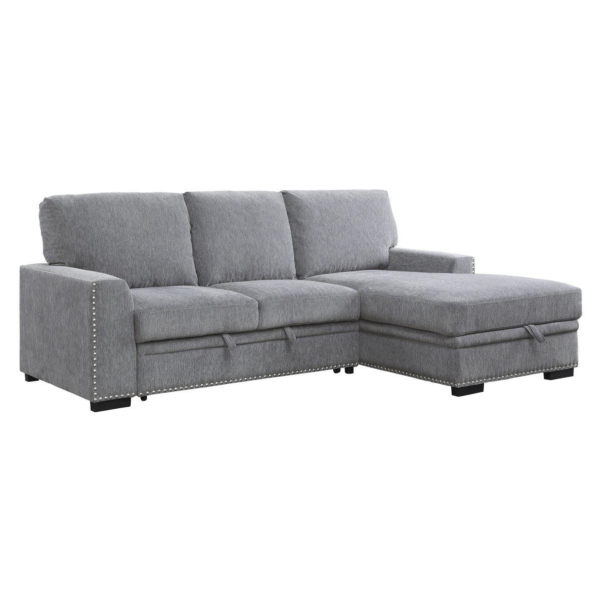 Side view of Morelia gray fabric sectional sofa with right chaise