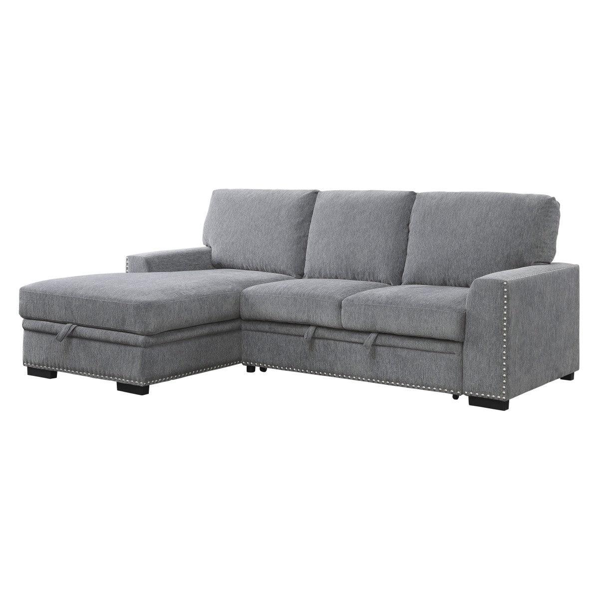 Side angle of Morelia gray fabric sectional sofa with left chaise