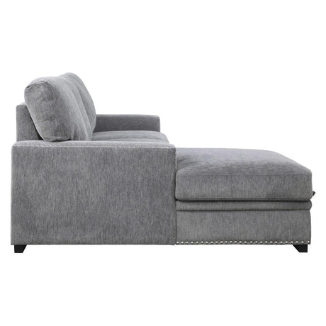 Close-up detail of gray chenille fabric upholstery