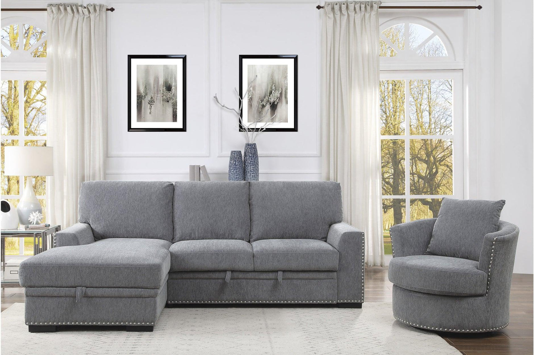 Front view of Morelia dark gray fabric sofa and loveseat