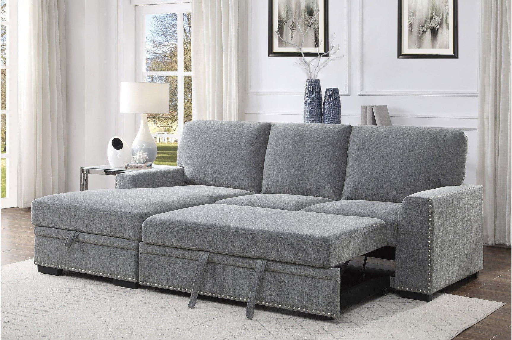 Morelia dark gray fabric sofa facing angle