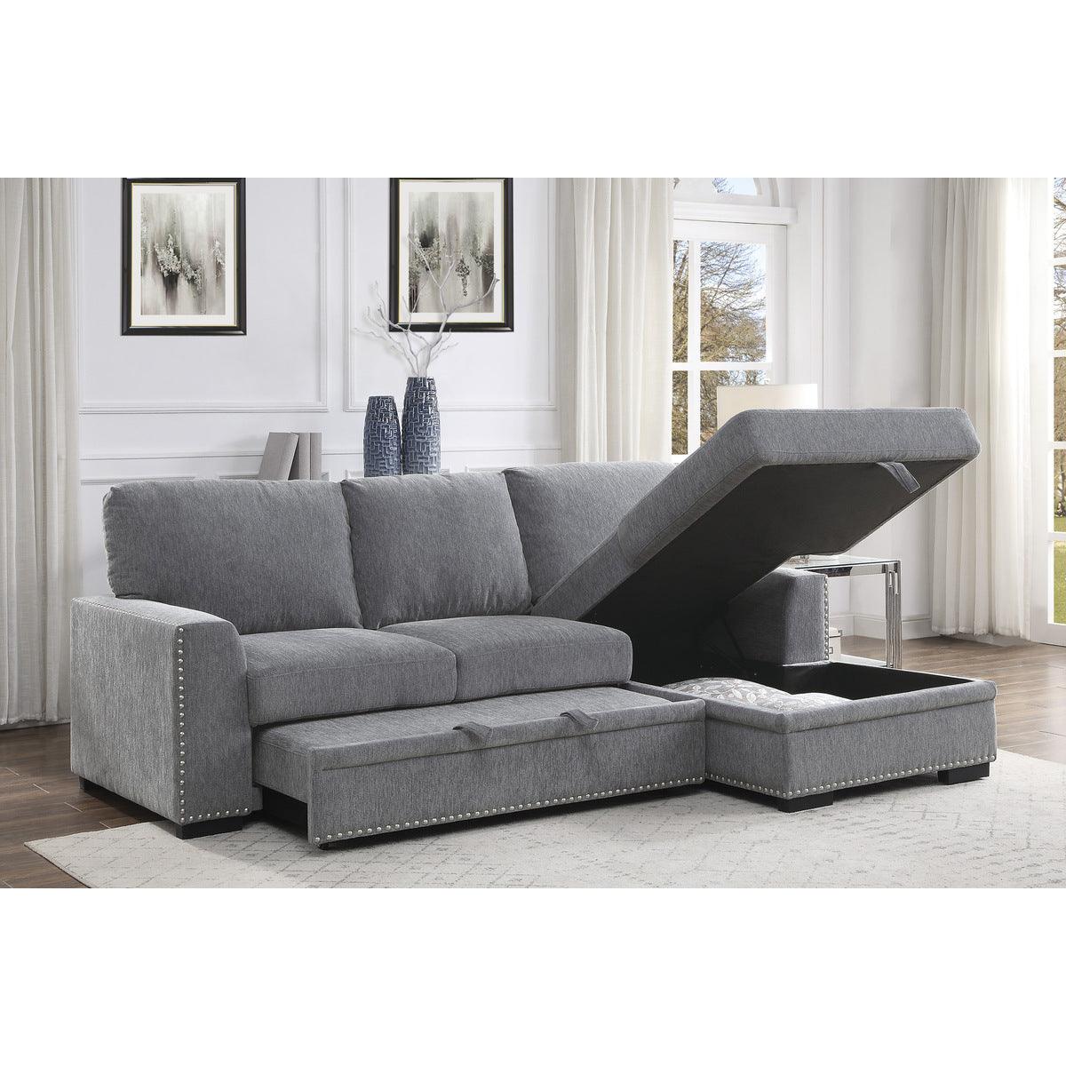Main view of Morelia gray fabric sectional sofa with pull-out bed and right chaise