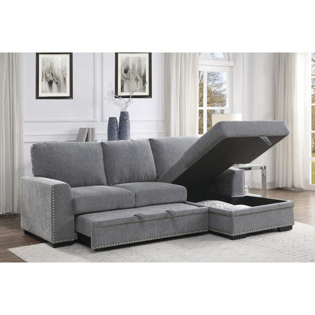 Main view of Morelia gray fabric sectional sofa with pull-out bed and right chaise