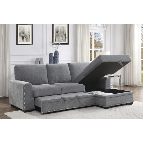 Main view of Morelia gray fabric sectional sofa with pull-out bed and right chaise