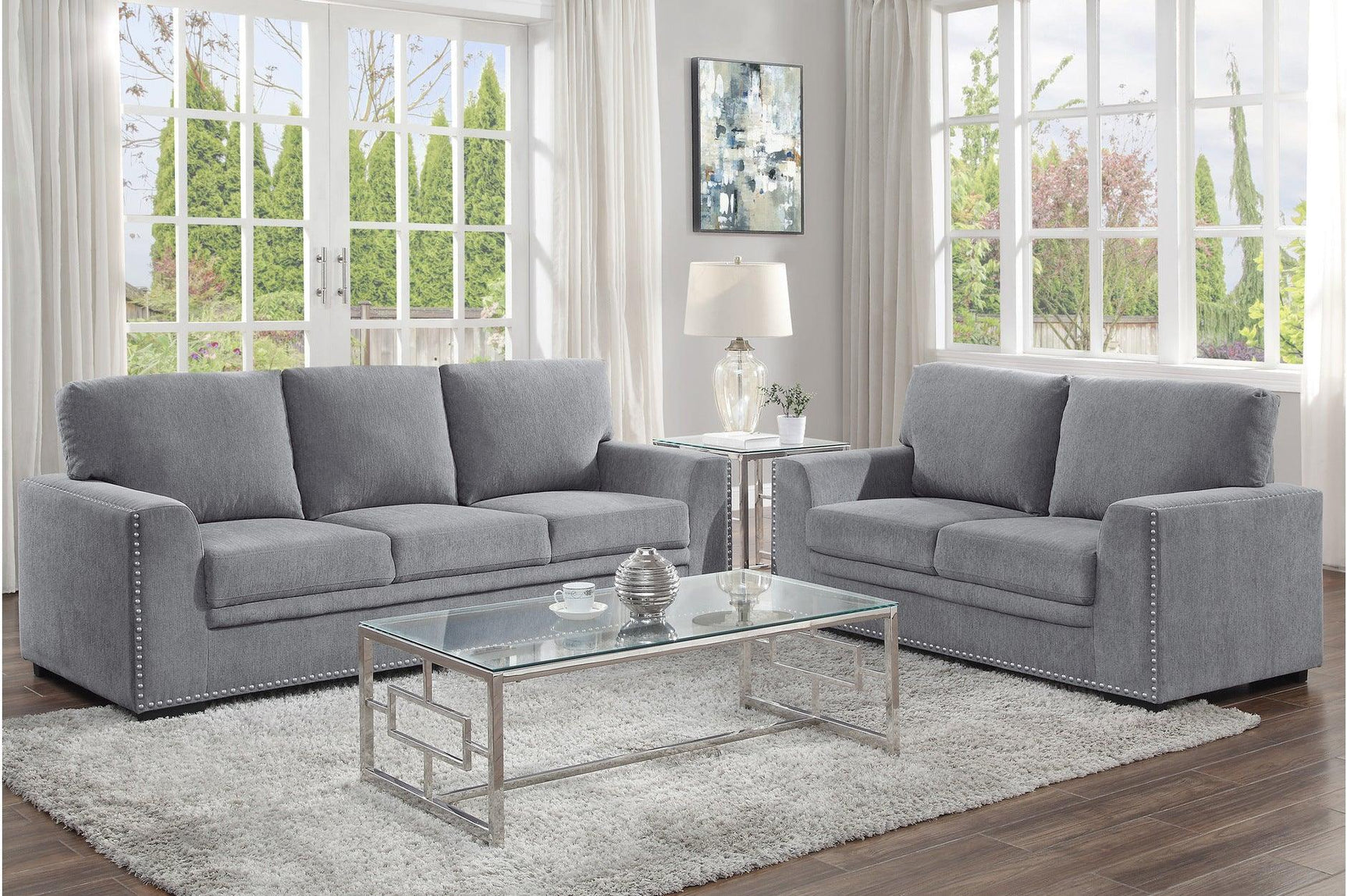Morelia dark gray fabric sofa and loveseat main view