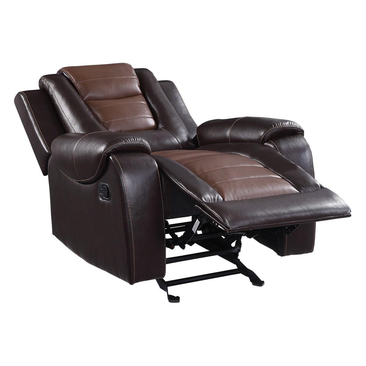 Briscoe Brown Two-Tone Faux Leather Glider Reclining Chair reclined position