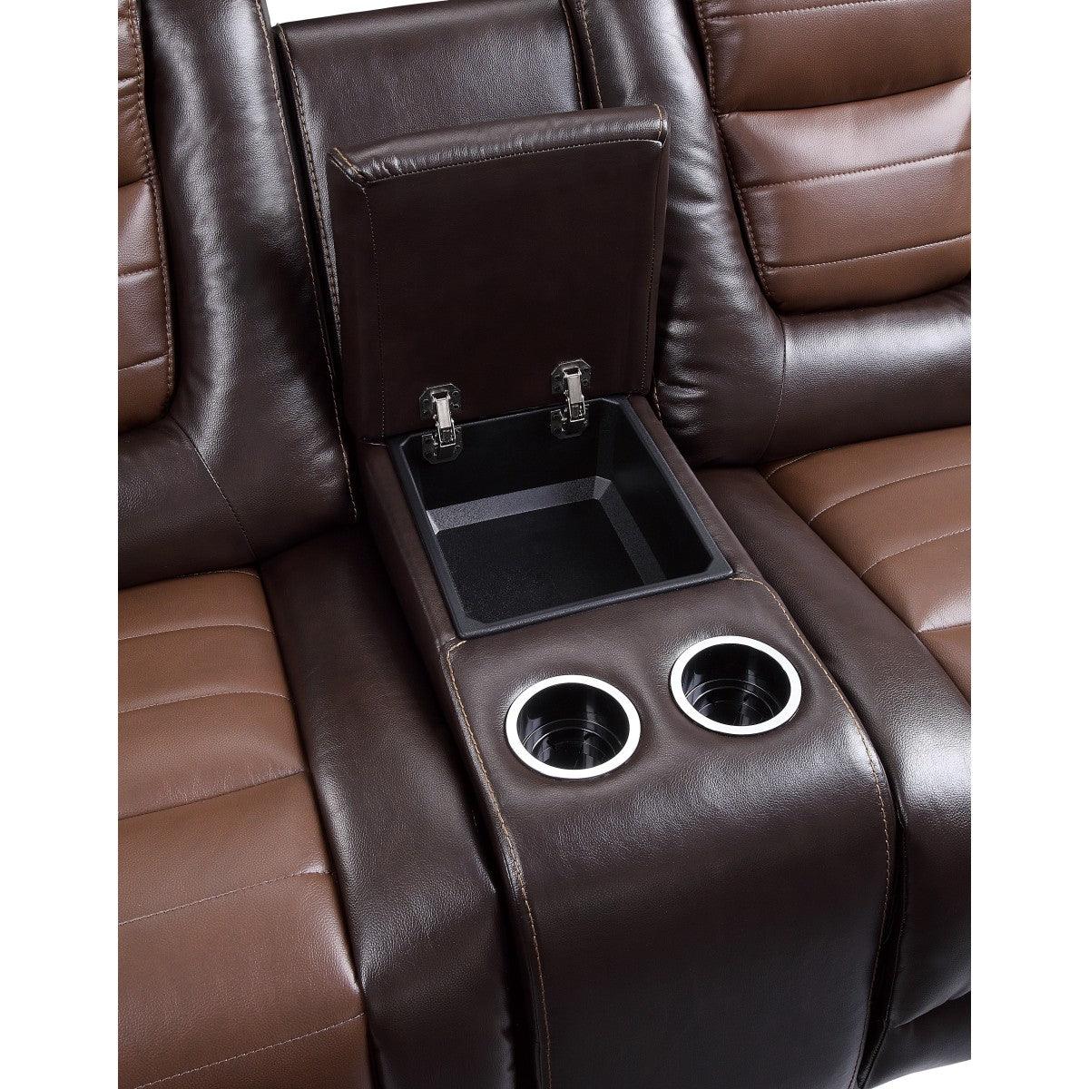 Center console with cup holders on the Briscoe loveseat