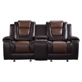 Briscoe dark brown two-tone faux leather reclining loveseat front view