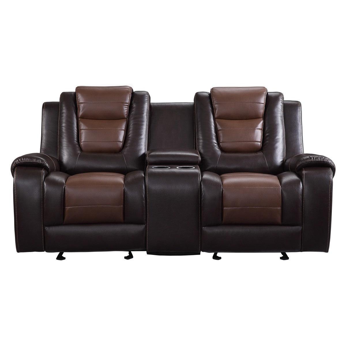 Briscoe dark brown two-tone faux leather reclining loveseat front view