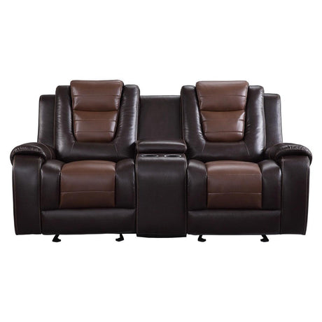 Briscoe dark brown two-tone faux leather reclining loveseat front view
