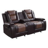 Side angle of Briscoe dark brown two-tone faux leather reclining loveseat